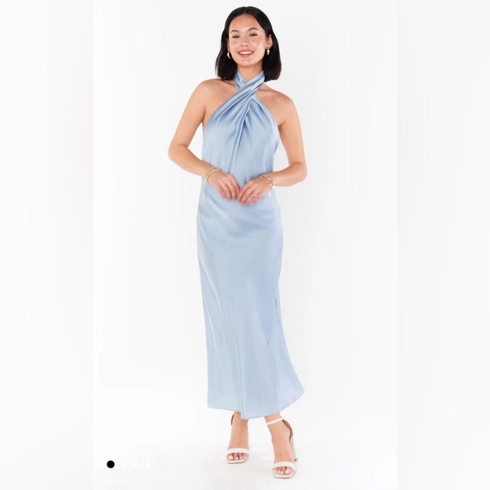 Show Me Your Mumu Jasmine Halter Midi Dress in Steel Blue Luxe Satin